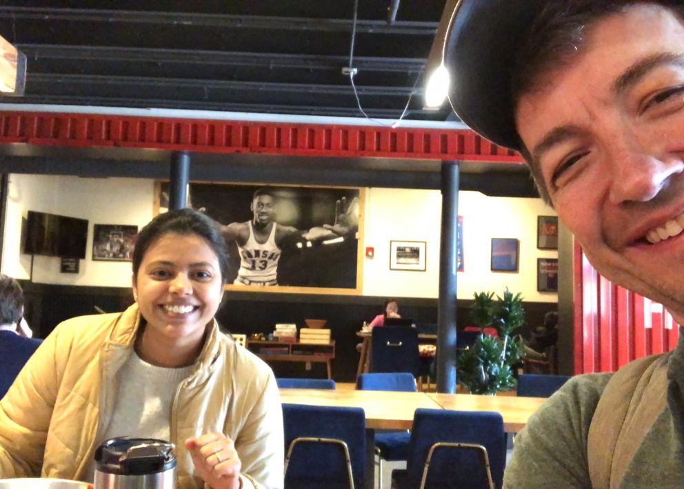 M.S. student Vyoma Maroo (left) and Dr. Alan Allgeier (right) during a coffee break at McLain's.