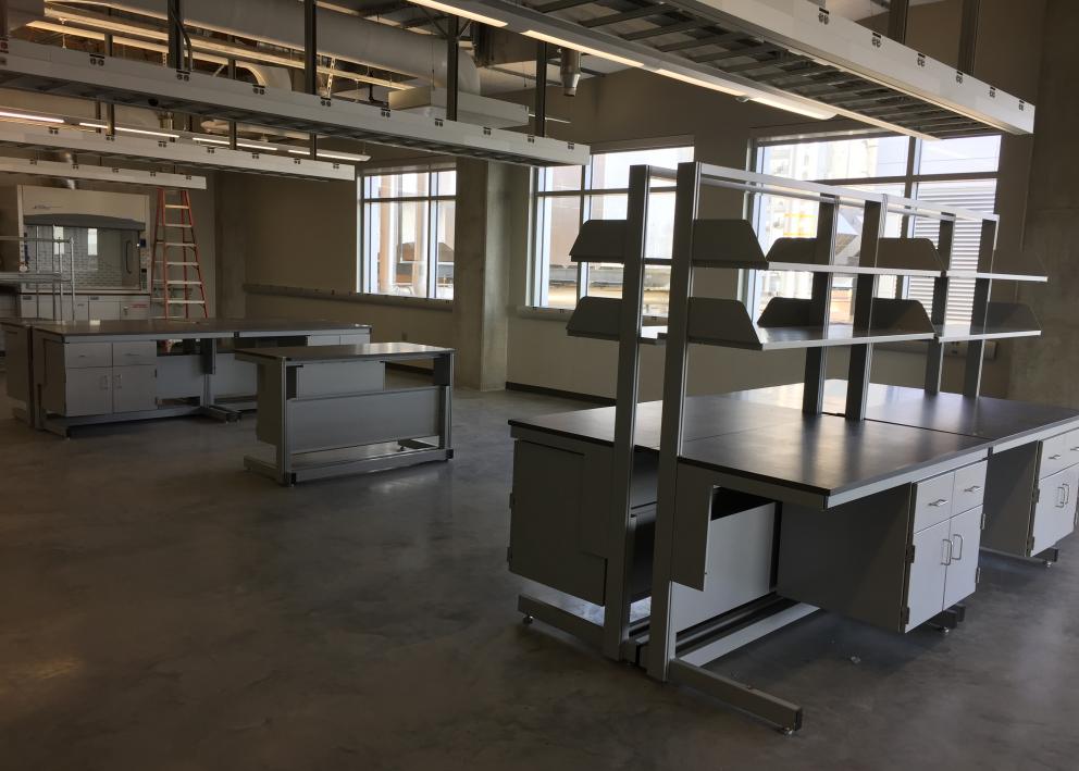 The Allgeier Lab during construction - workbenches and windows.