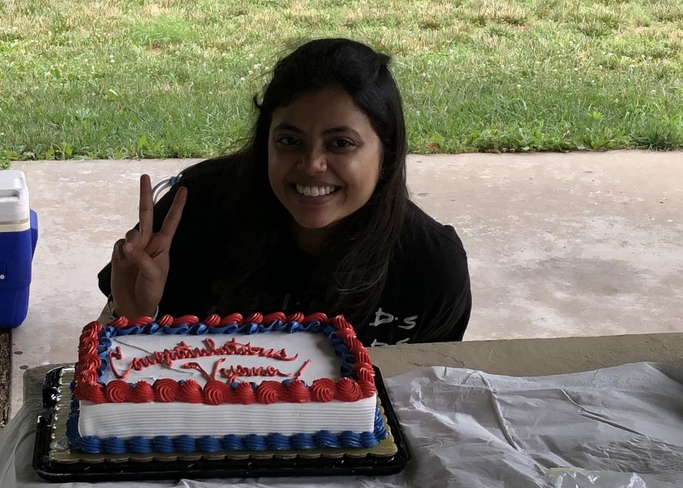 M.S. student Vyoma Maroo celebrating the defense of her thesis.