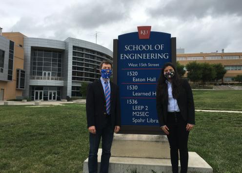 Dr. Alan Allgeier (left) and Vyoma Maroo (right) in front of the School of Engineering.